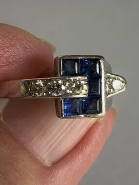 Authentic Art Deco Platinum Buckle Ring | Sapphire & Diamond Estate Ring